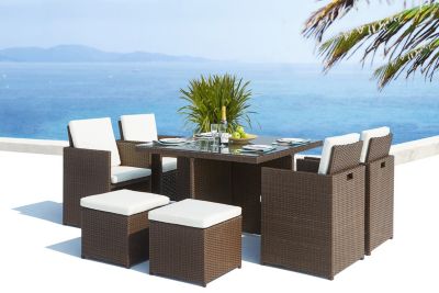 Table et chaises 8 places encastrables résine marron-blanc MONACO