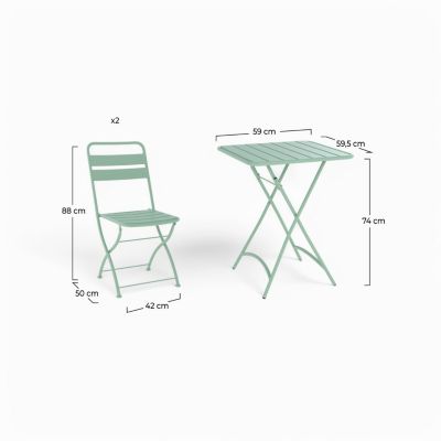 Table et chaises de jardin 2 personnes en métal vert - Yumi
