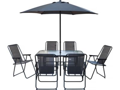 Table et chaises de jardin avec parasol en métal "Convivia"  6 places  Gris anthracite
