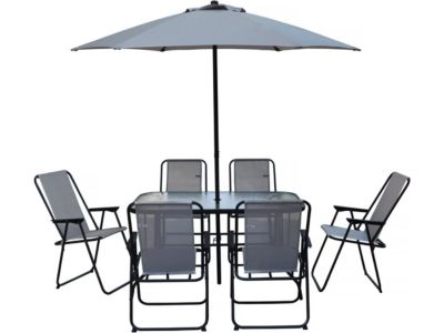 Table et chaises de jardin avec parasol en métal "Convivia"  6 places  Gris clair