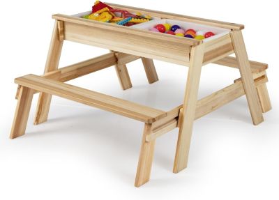 Table Exterieur Enfant en Bois avec Bancs Coulissants,Ensemble Table Jardin Enfant 4 en 1 avec 2 Bacs à Sable