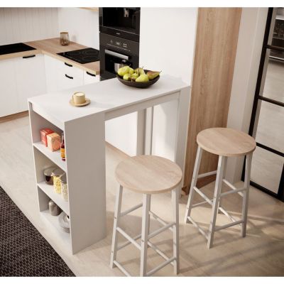 Table haute de bar 2 places - Blanc mat - 3 étagères - Mélamine - 110x103x50 cm
