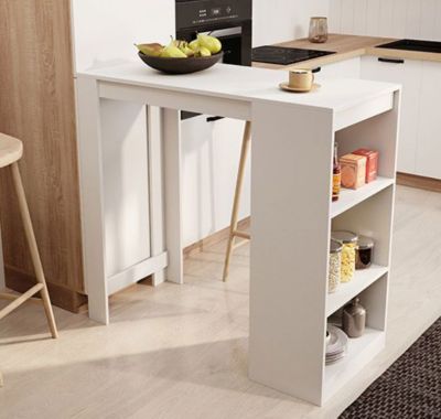 Table haute de bar contemporaine - Blanc mat - 3 étagères - Mélamine - 110x50x103 cm