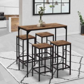 Table haute de bar DAYTON 100 cm et 4 tabourets bois foncé effet vieilli et noir design industriel