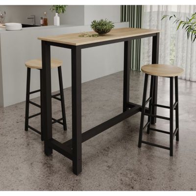 Table haute de bar moderne avec 2 tabourets - Noir/Sonoma - Mélamine/Metal - 2 places - 120x40x100 cm