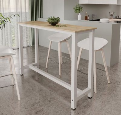 Table haute de bar moderne - Mélamine sonoma, métal blanc - 2 places - 140x40x100 cm
