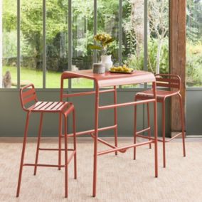 Table haute de jardin AMELIA terracotta. 2 chaises hautes en acier. 70 x 70cm x 95cm