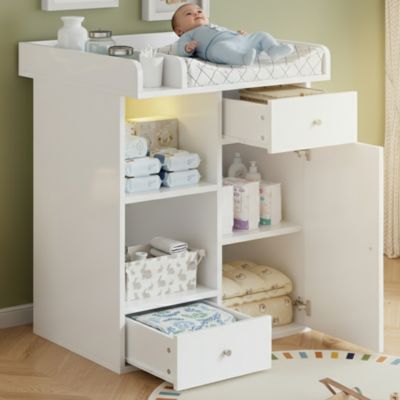 Table à langer - avec 2 tiroirs et 1 porte - avec éclairage LED réglable - grand espace de rangement - Blanc