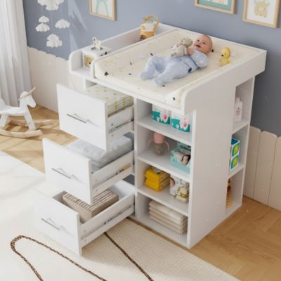 Table à langer - avec 3 tiroirs - grand espace de rangement - avec étagère réglable - Blanc