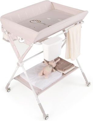 Table à Langer Bébé Pliante Commode à Langer Réglable en 3 Hauteurs avec Roues Verrouillables Poubelle Beige