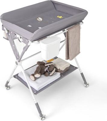 Table à Langer Bébé Pliante Commode à Langer Réglable en 3 Hauteurs avec Roues Verrouillables Poubelle Gris