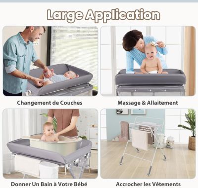 Table à Langer Bébé Pliante Commode à Langer Réglable en 3 Hauteurs avec Roues Verrouillables Poubelle Gris