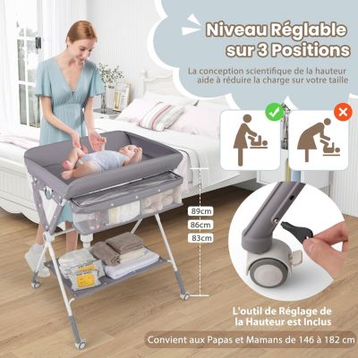 Table à Langer Bébé Pliante Commode à Langer Réglable en 3 Hauteurs avec Roues Verrouillables Poubelle Gris