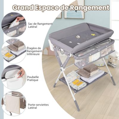 Table à Langer Bébé Pliante Commode à Langer Réglable en 3 Hauteurs avec Roues Verrouillables Poubelle Gris