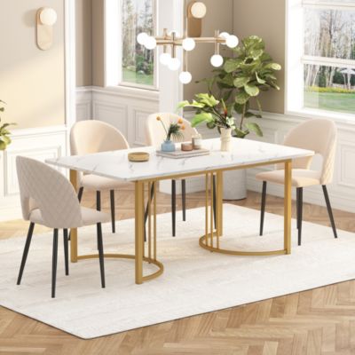 Table à manger 140x80 cm effet marbre avec pieds réglables - Blanc et Or