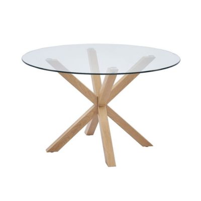 Table à manger ALEX  Ronde 120 cm  Plateau en verre trempé et pieds métal effet bois  Style moderne