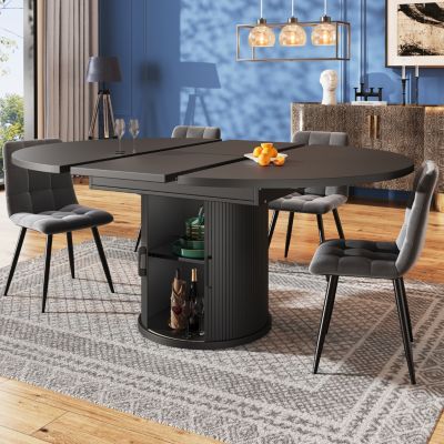 Table à manger extensible 118-158 cm 6 places - Table ronde en bois - 1 porte et 2 étagères - Noir