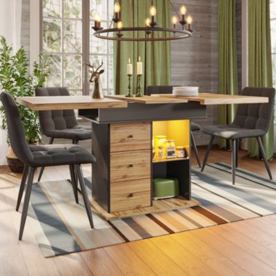 Table à Manger Extensible - 4-6 Personnes avec LED, Étagères et Porte-Bouteilles, MDF et Métal, 110-140x80x75 cm, Noir