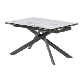 Table à manger extensible 4 à 8 personnes en céramique, verre trempé et métal - Effet marbre blanc et anthracite - COREMA de