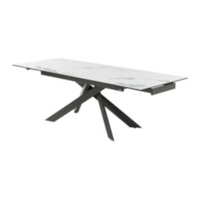 Table à manger extensible 6 à 10 personnes en céramique, verre trempé et métal - Effet marbre blanc et anthracite - COREMA de