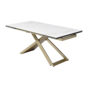 Table à manger extensible 6 à 10 personnes en céramique, verre trempé et métal - Effet marbre blanc et Doré - XERENA de Maison