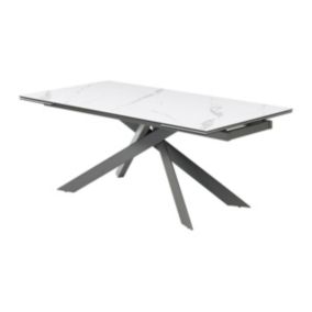 Table à manger extensible 8 à 12 personnes en céramique, verre trempé et métal - Effet marbre blanc et anthracite - COREMA de