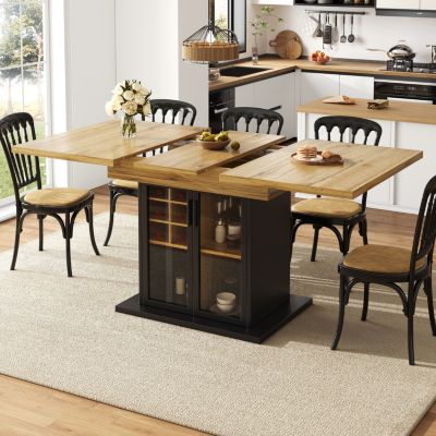 Table à Manger Extensible avec Rangement à Vin et Porte Vitrée, Plateau Noir et Structure Métal en MDF Noir - 110-140x80x76 cm