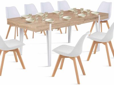 Table à Manger Extensible Bois Blanc - 6-10 Personnes - Pied épingle - Séjour Salon Cuisine