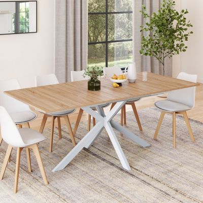 Table à manger extensible rectangle ALIX 6-10 personnes bois et blanc 160-200 cm
