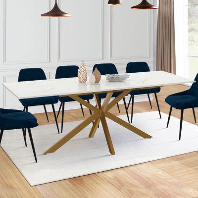 Table à manger extensible rectangle ALIX 6-10 personnes pied araignée laiton plateau effet marbre doré ALASKA 160 - 200 cm