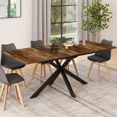 Table à manger extensible rectangle ALIX 6-10 personnes pied araignée noir et noyer finition bois foncé HAWKINS 160-200 cm
