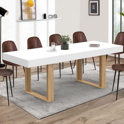 Table à manger extensible rectangle PHOENIX 4-8 personnes blanc pieds bois 160-200 cm