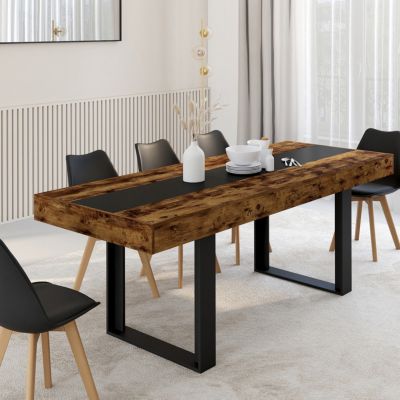 Table à manger extensible rectangle PHOENIX 4-8 personnes bois effet vieilli et noir bande centrale noire 160-200 cm