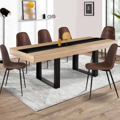Table à manger extensible rectangle PHOENIX 4-8 personnes bois et noir bande centrale noire 160-200 cm