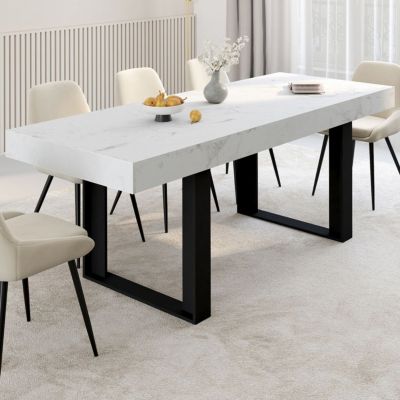 Table à manger extensible rectangle PHOENIX 4-8 personnes plateau effet marbre blanc ALASKA 160-200 cm