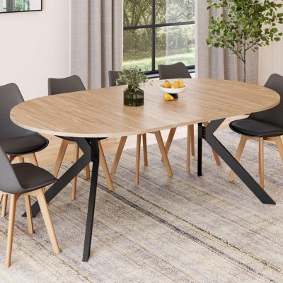 Table à manger extensible ronde ALIX 4-10 personnes pied araignée bois et noir 110-200 cm