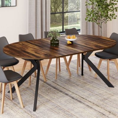 Table à manger extensible ronde ALIX 4-10 personnes pied araignée noir et plateau bois foncé HAWKINS 110-200 cm
