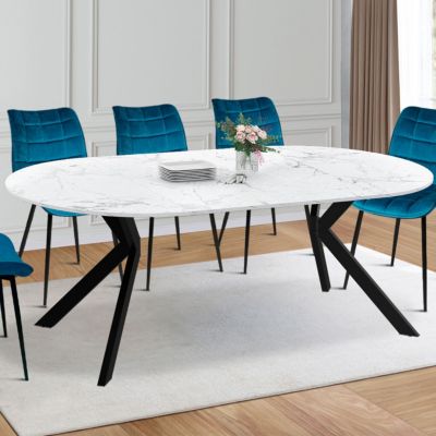 Table à manger extensible ronde ALIX 4-10 personnes pied araignée noir plateau effet marbre blanc ALASKA 110-200 cm