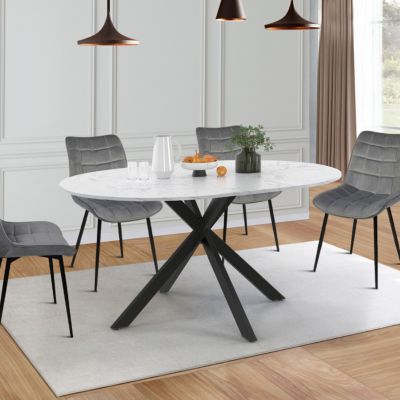 Table à manger extensible ronde ALIX 4-8 personnes pied araignée noir plateau effet marbre blanc ALASKA 110-150 cm