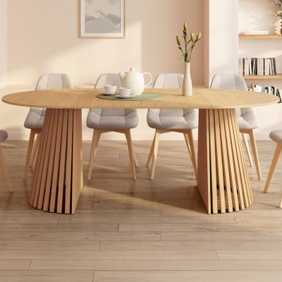 Table à manger extensible ronde CARMEN 4-10 personnes pied bois en lattes et plateau bois 110-200 cm