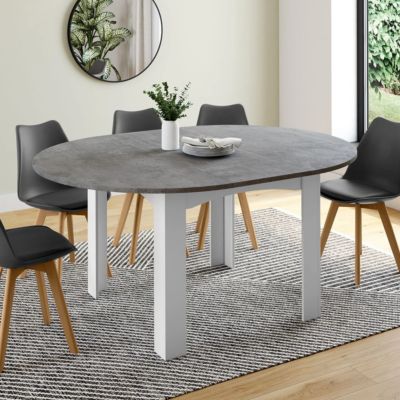 Table à manger extensible ronde DONA 4-8 personnes blanc plateau effet béton 110-150 cm