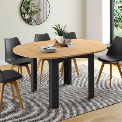 Table à manger extensible ronde DONA 4-8 personnes noire plateau façon hêtre 110-150 cm