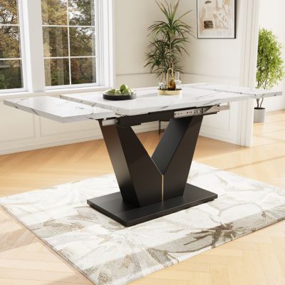 Table à Manger Extensible - Table de Cuisine Moderne avec Plateau Blanc et Pieds en V Noirs pour Salon ou Bureau - MDF Blanc