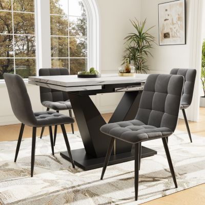 Table à Manger Extensible - Table de Cuisine Moderne avec Plateau Blanc et Pieds en V Noirs pour Salon ou Bureau - MDF Blanc
