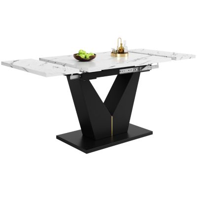 Table à Manger Extensible - Table de Cuisine Moderne avec Plateau Blanc et Pieds en V Noirs pour Salon ou Bureau - MDF Blanc
