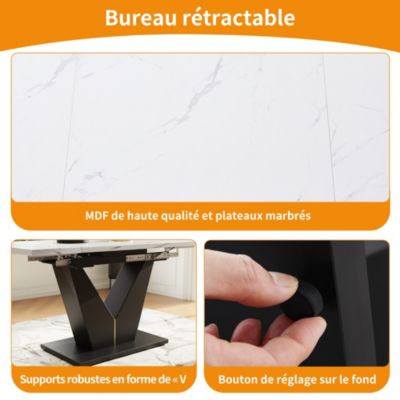 Table à Manger Extensible - Table de Cuisine Moderne avec Plateau Blanc et Pieds en V Noirs pour Salon ou Bureau - MDF Blanc