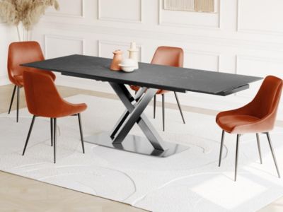 Table à manger extensible THYLIA - 6 à 8 personnes - Céramique et Métal - Effet marbre noir