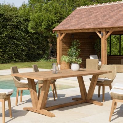 Table à manger jardin 220x100cm teck recyclé pieds en V inversé
