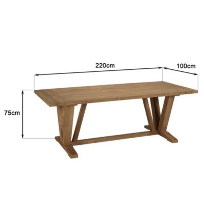 Table à manger jardin 220x100cm teck recyclé pieds en V inversé