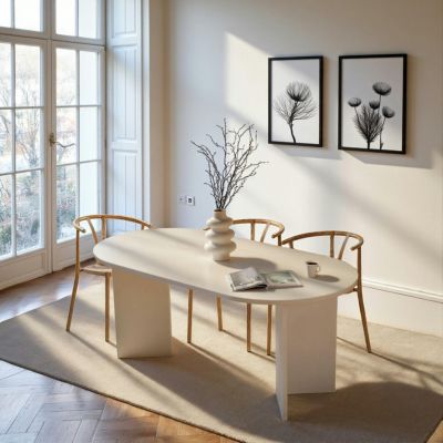 Table à manger moderne blanche effet bois pieds en V 180 cm MARFA